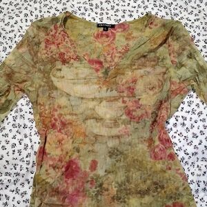 Therapy Floral V-Neck Sheer Women’s Top in Olive & Rose